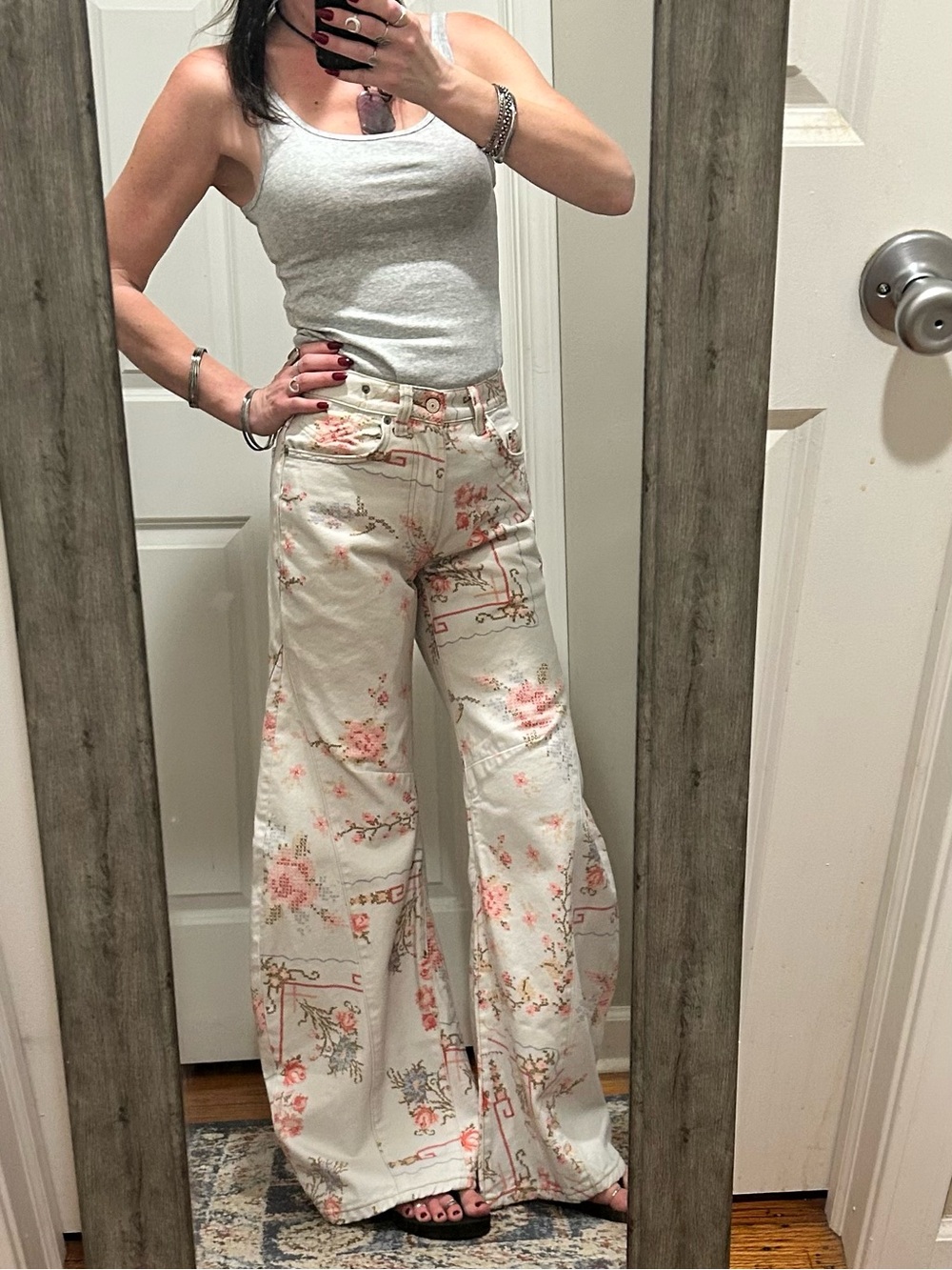 NWT Free People We the Free Eden Printed Slouchy Jeans Ivory Combo Cross Stitch - Picture 5 of 16